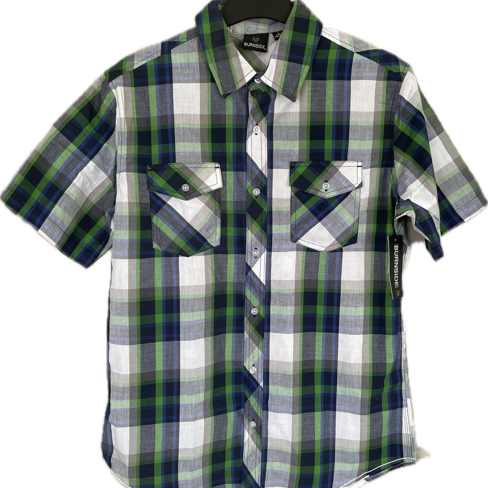 Burnside Men's Green and Blue Plaid Shirt